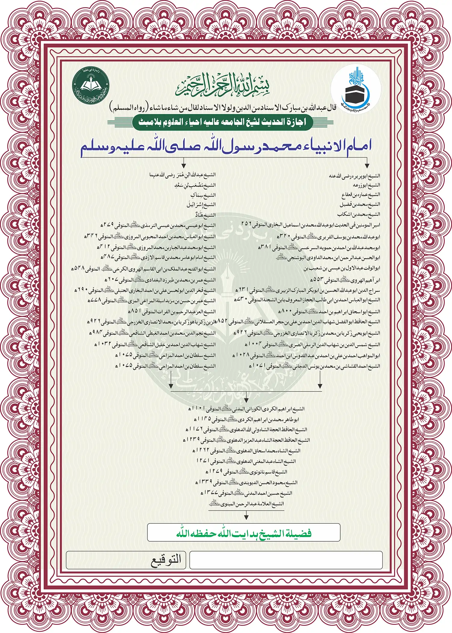 Silsila-e-Sanad (Chain of Certification) of Sheikh Hidayat Ullah